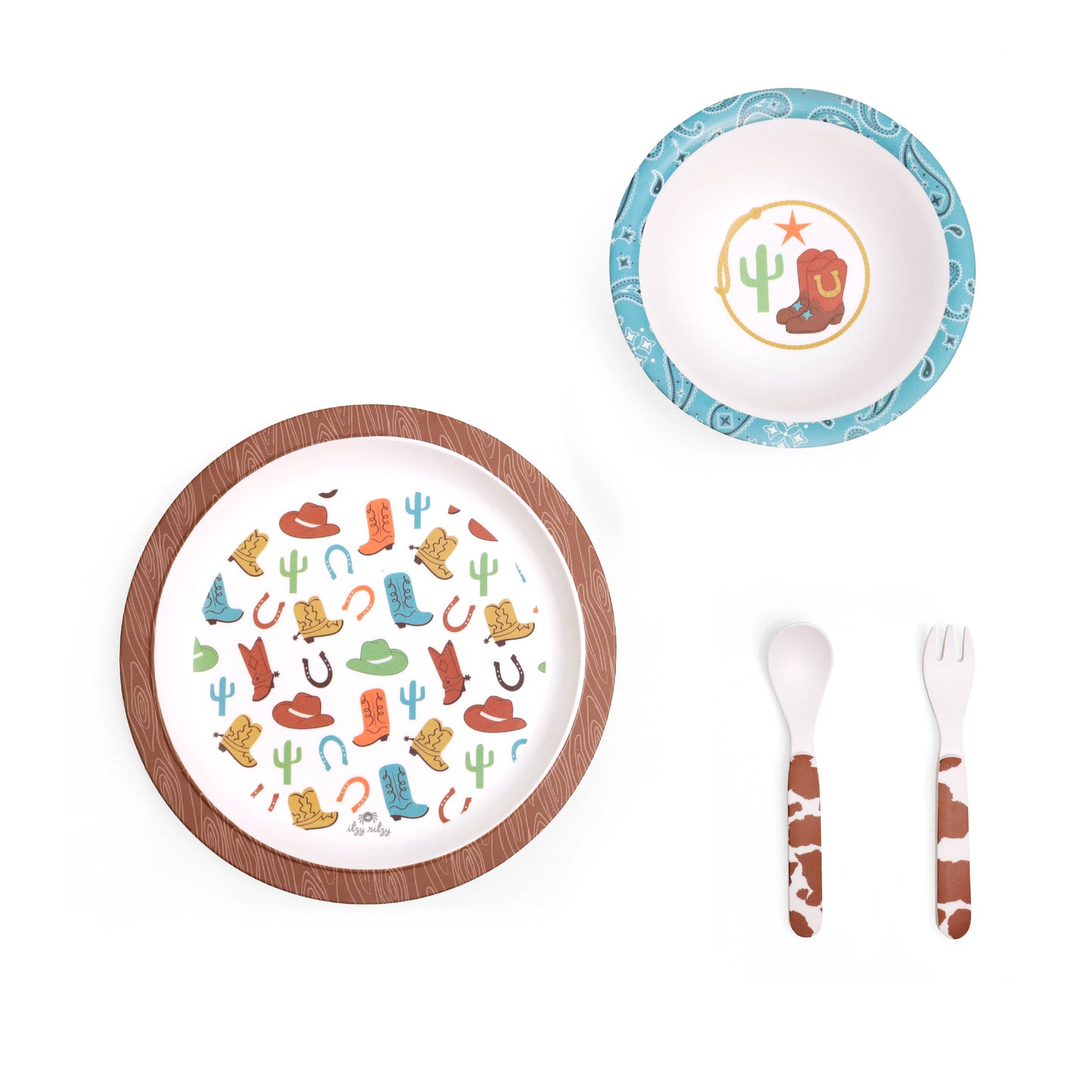 Itzy Bistro™ 4-piece toddler set: large plate, bowl, spoon, fork; BPA-free melamine; cowboy designs. Sizes: toddler standard.