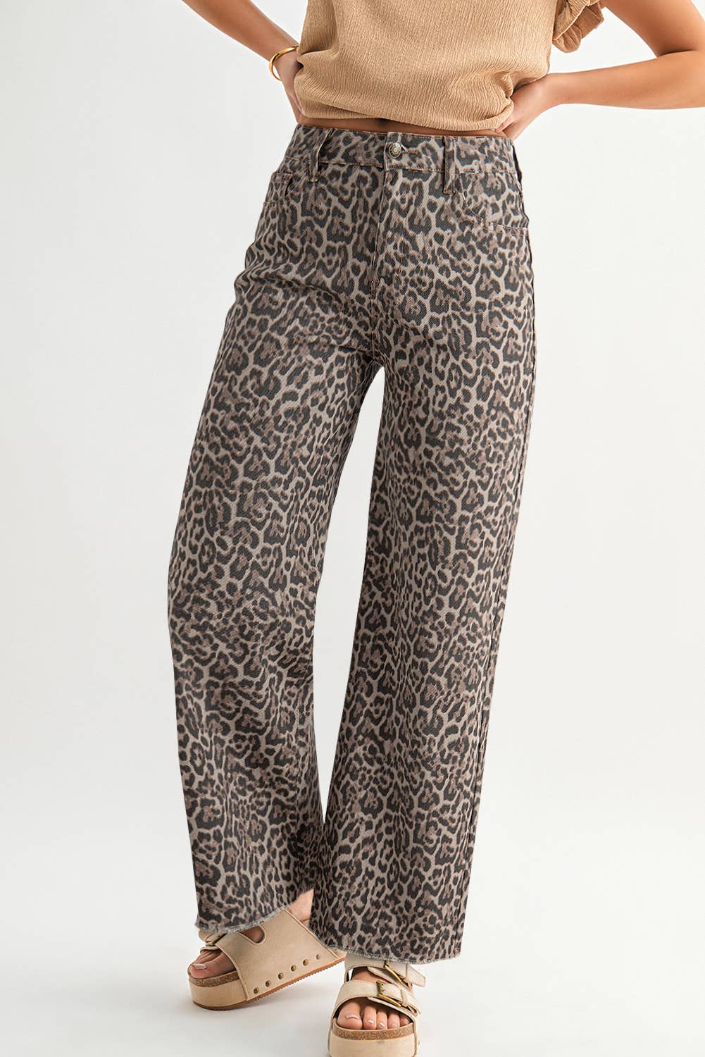 Missy Leopard HW Frayed Edge Wide Jeans in gray and black leopard print. Available in sizes 24-32.
