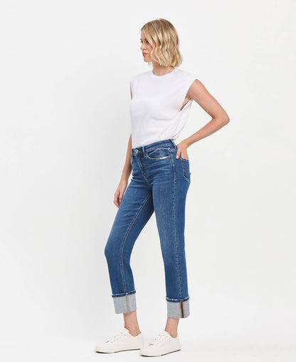 High Rise Cuffed Slim Straight Blue Jeans; available in sizes 24-32. Casual fit with cuffed hem and classic blue wash.