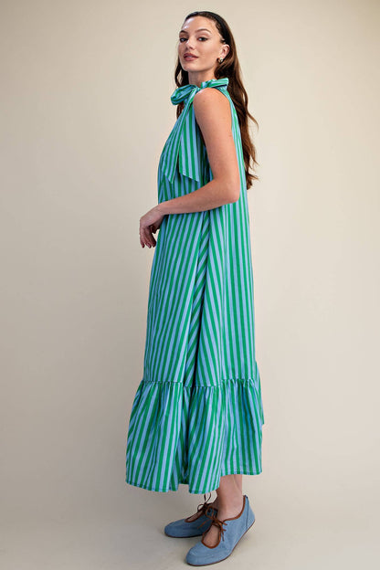 Stripe Midi Dress With Sleeveless Ruffle Neck Tie in Navy, vertical stripes, neck tie, ruffled hem. Available in sizes XS-L.
