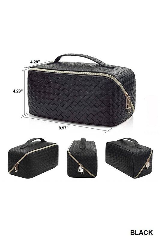 Pink woven vegan leather makeup bag with handle and zipper, 8.97"x4.29"x4.29"; shown in three angled views plus measurements.
