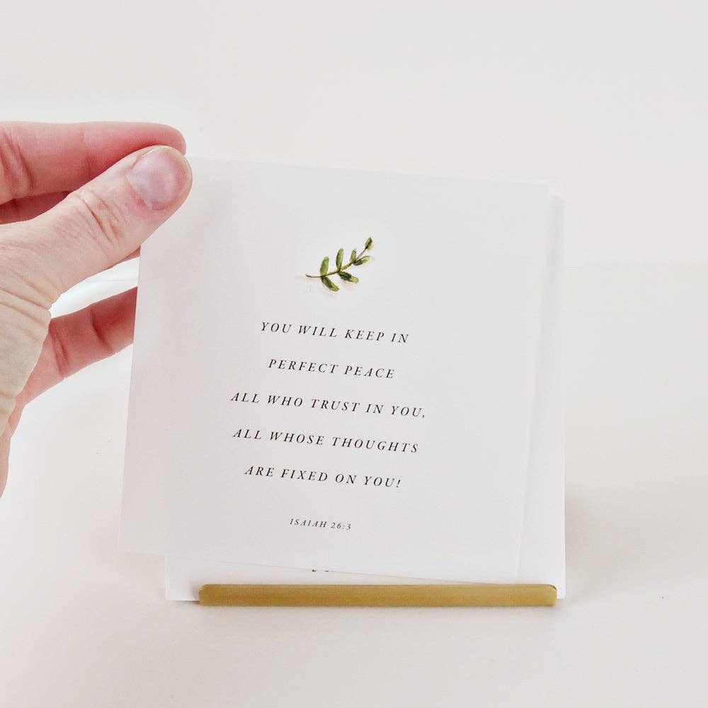 White "Truth for Today" card with green leaf and Isaiah 26:3 text. Available in standard and mini sizes.