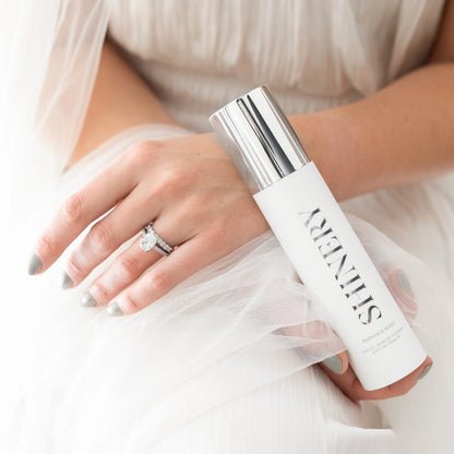 White bottle labeled "Jewelry Wash® | Shinery," a plant-based cleaner. Available in 4oz and 8oz sizes.