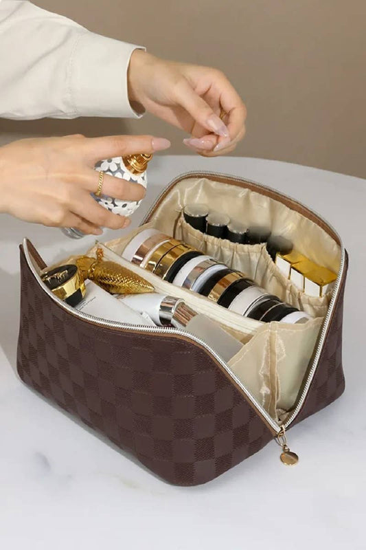 Pink Vegan Leather Checkered Flat-Lay Makeup Bag shown open; available in small, medium, and large sizes.