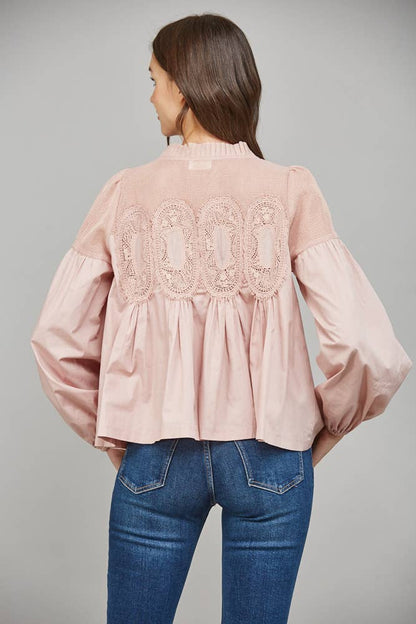 Lace Appliqué Detail Mixed Media Long Sleeve Blouse