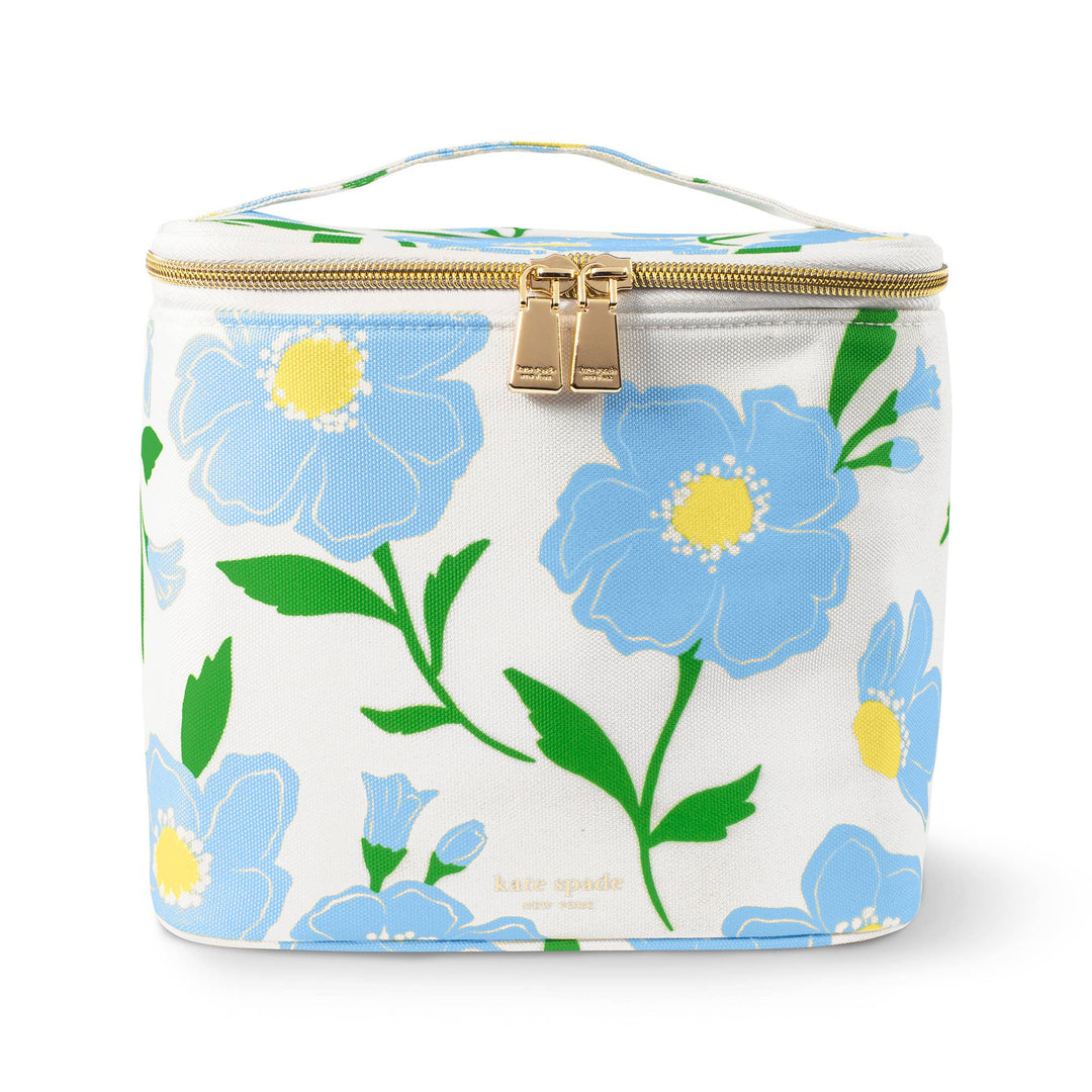 Insulated white lunch tote with gold zipper, top handle, blue-yellow floral print. Available in one size.
