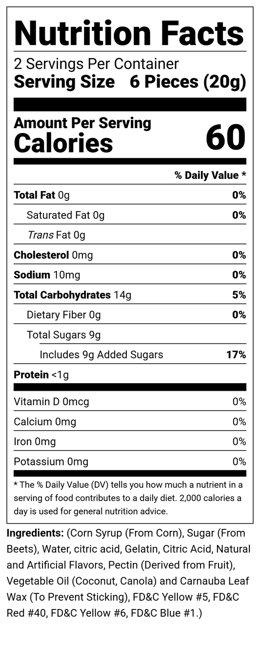 Freeze Dried Gummi Bears Singles: 2 servings/container, 6 pieces (20g) per serving, 60 calories; sizes: Singles.