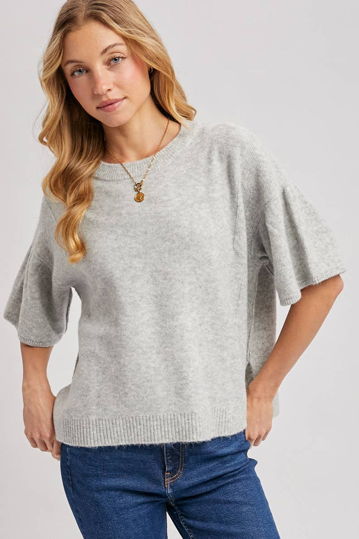 GATHERED SHORT SLEEVE BOXY KNIT SWEATER TOP, LATTE, S/M: light gray, short-sleeved, heathered knit, boxy fit, gathered sleeves.