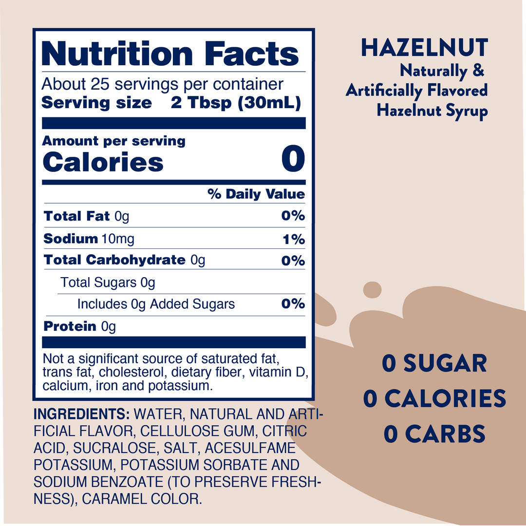 Keto Sugar Free Hazelnut Syrup: 0 calories, 0 sugar, 0 carbs per 2-tbsp. Sizes available; nutrition info listed.