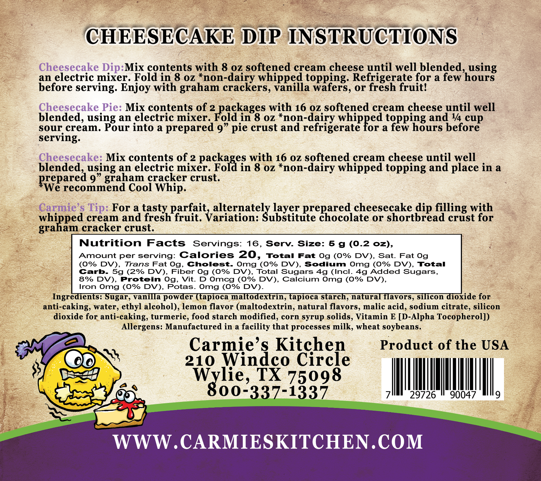 Back of Lemon Ice Box Cheesecake Dip mix package, includes instructions, nutrition facts. Size: one standard dip mix packet.