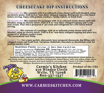 Back of Lemon Ice Box Cheesecake Dip mix package, includes instructions, nutrition facts. Size: one standard dip mix packet.