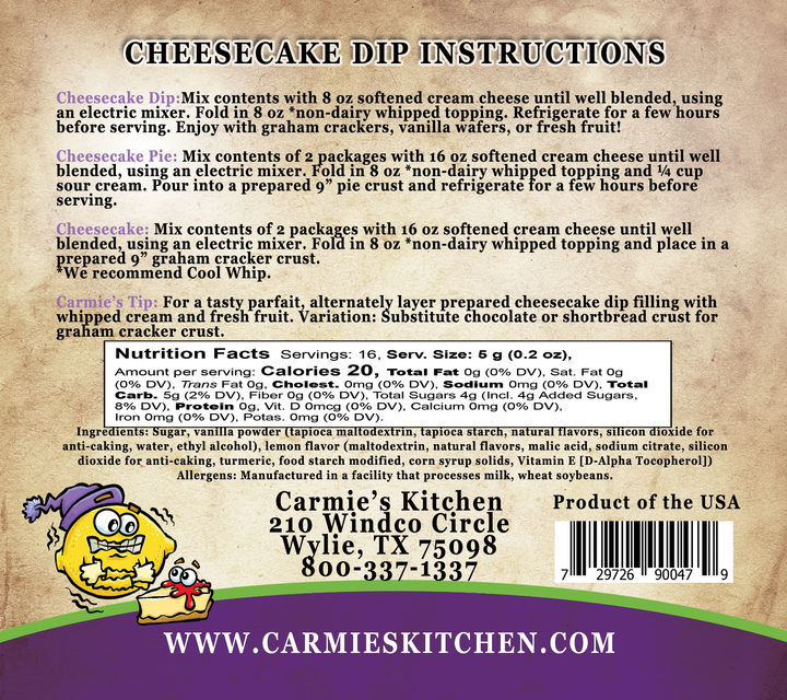 Back of Lemon Ice Box Cheesecake Dip mix package, includes instructions, nutrition facts. Size: one standard dip mix packet.