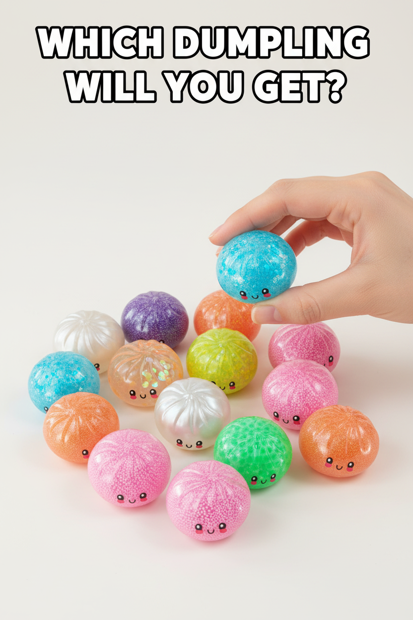Blue, glittery Fun Doh Squishy Mystery Mini Petite Dumpling Toy, 2.5" size, smiling face. Stress-relief, collectible surprise.