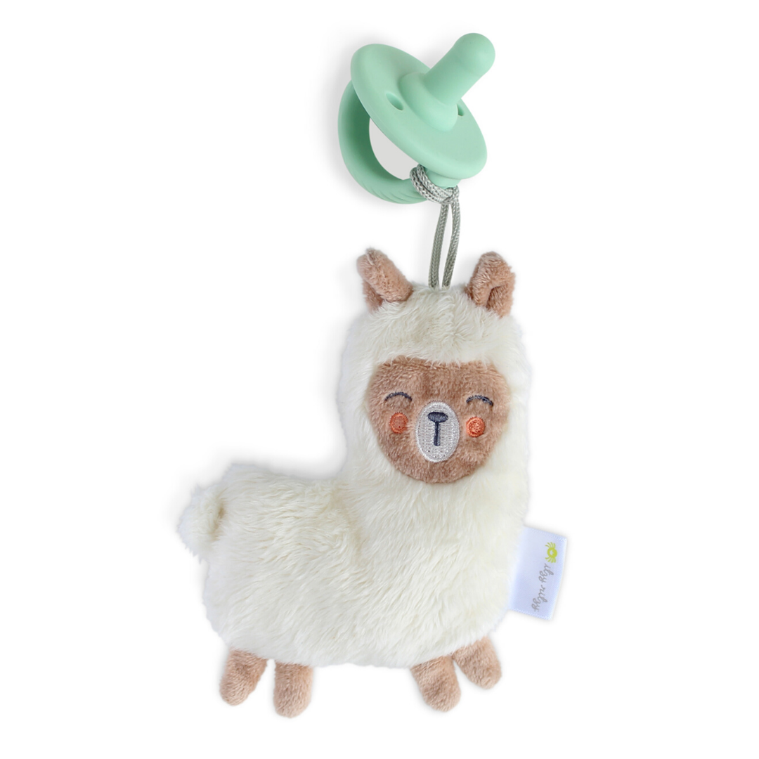 Plush llama toy with a soft, white body and brown feet, ears, and face features, attached to a green Sweetie Pal™ Plush & Pacifier: Dino by a cord, isolated on a white background.