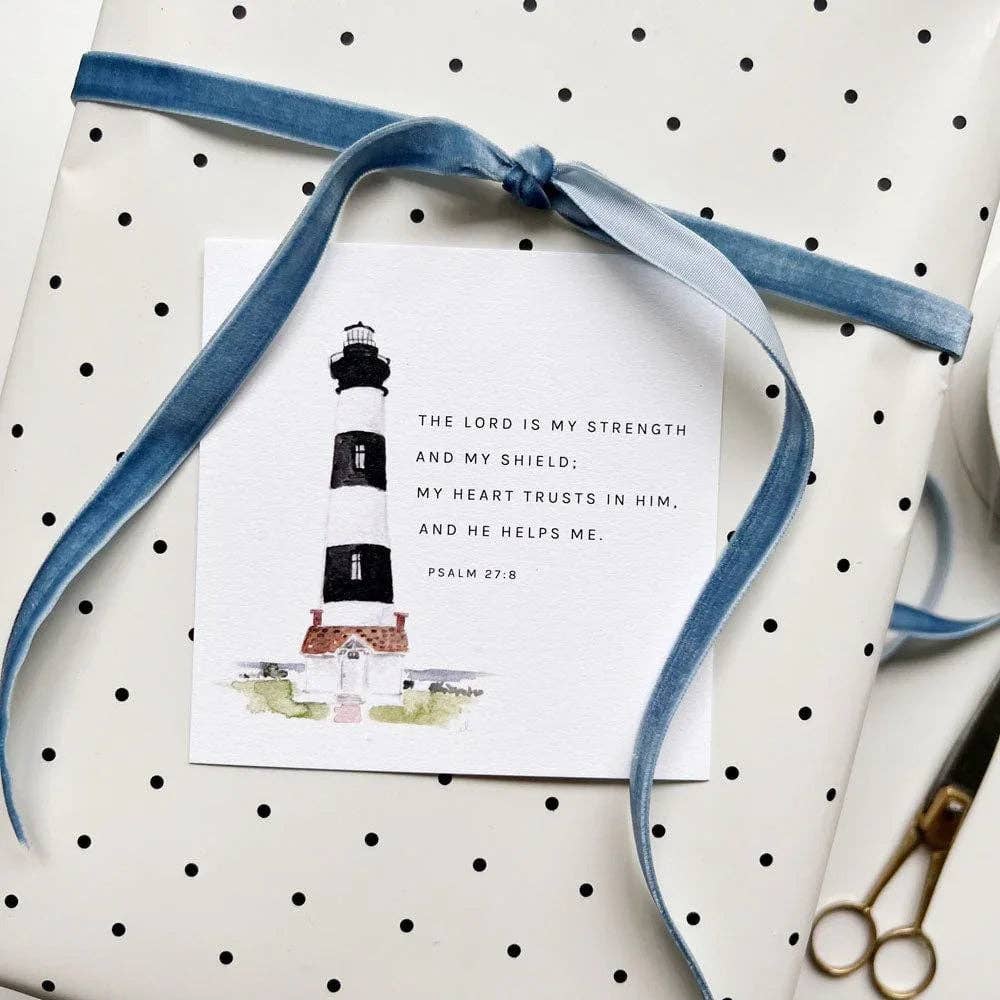 White Hope Cards gift with black polka dots, blue ribbon, lighthouse card, Psalm 28:7. Available in 4x6 and 5x7 sizes.