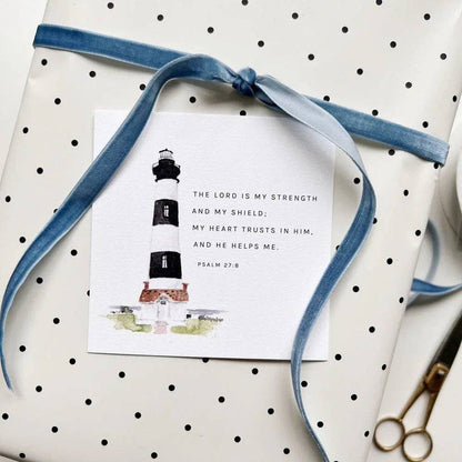 White Hope Cards gift with black polka dots, blue ribbon, lighthouse card, Psalm 28:7. Available in 4x6 and 5x7 sizes.