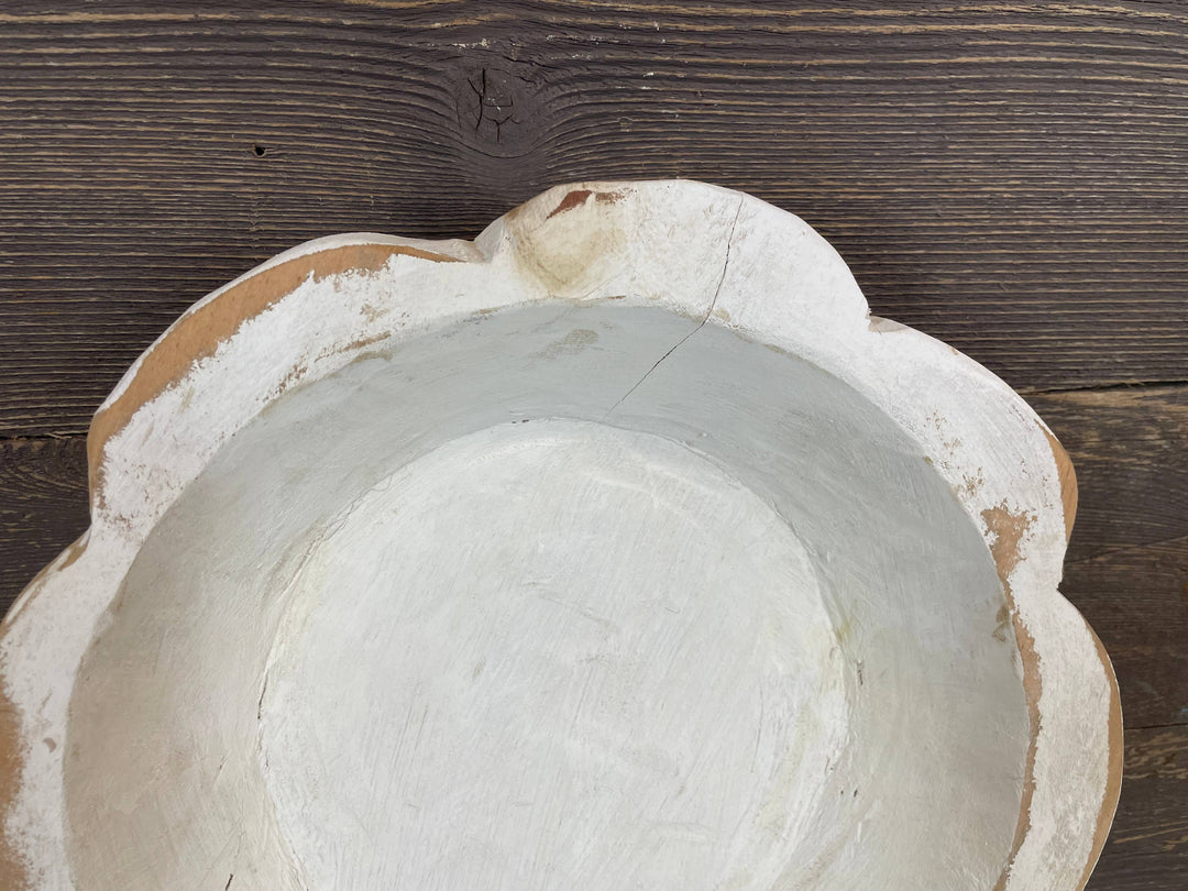 Small Flower Dough Bowl with scalloped edge, whitewashed interior, and rustic imperfections. Sizes available: small, medium, large.