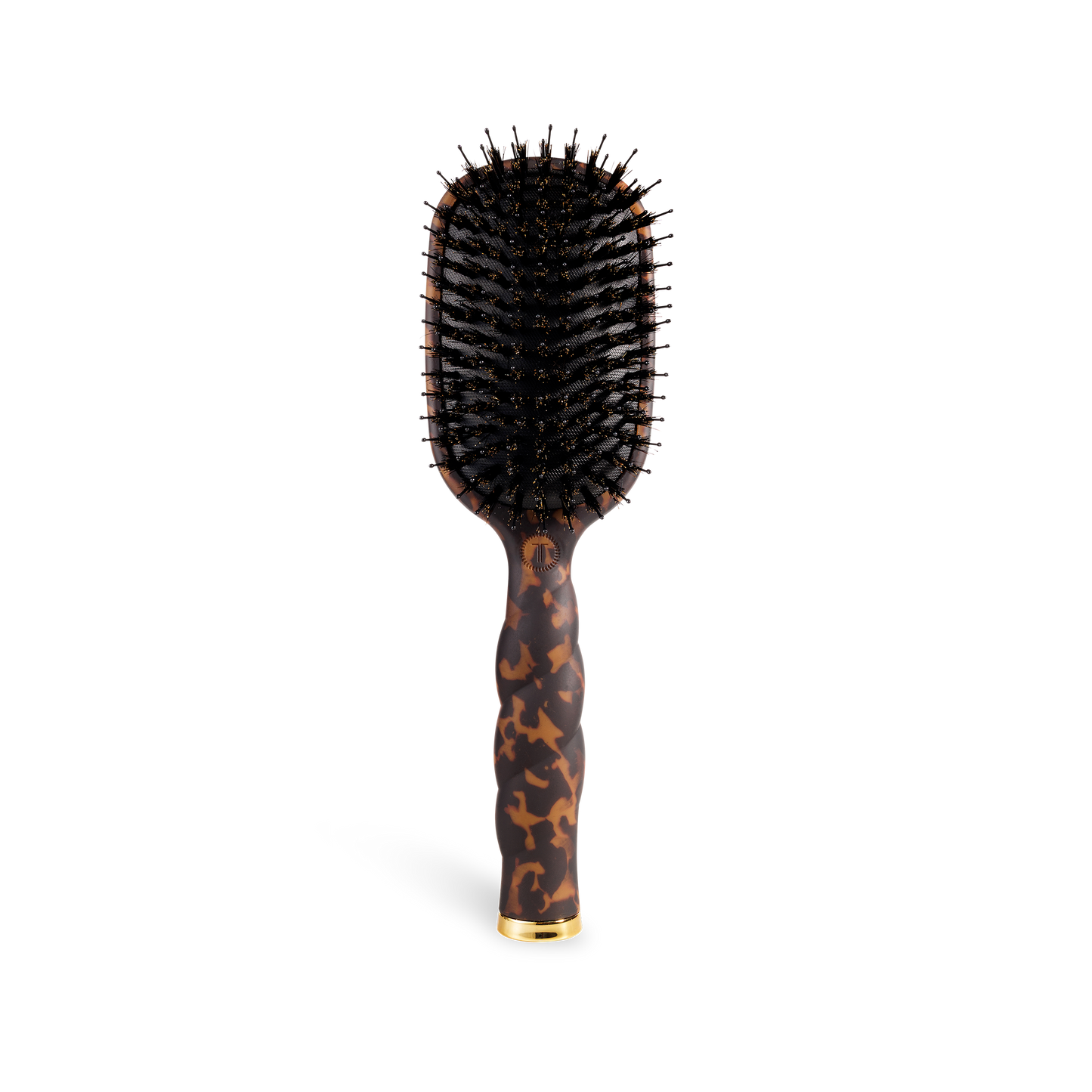 Rectangular boar bristle hair brush with black bristles, brown tortoiseshell-patterned handle, and gold accents. Sizes: S, M, L.