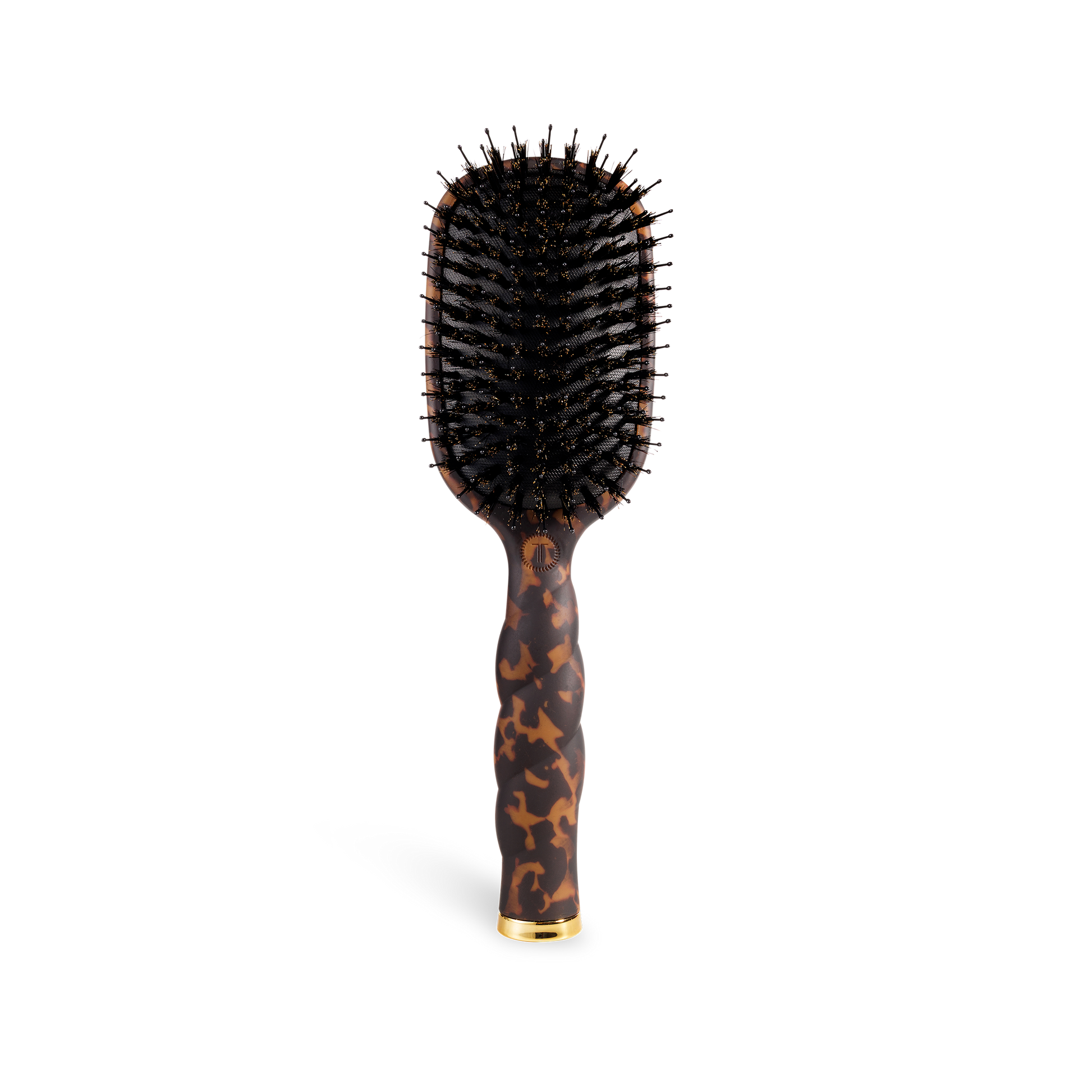 Rectangular boar bristle hair brush with black bristles, brown tortoiseshell-patterned handle, and gold accents. Sizes: S, M, L.