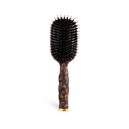 Rectangular boar bristle hair brush with black bristles, brown tortoiseshell-patterned handle, and gold accents. Sizes: S, M, L.