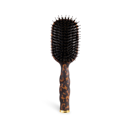 Rectangular boar bristle hair brush with black bristles, brown tortoiseshell-patterned handle, and gold accents. Sizes: S, M, L.