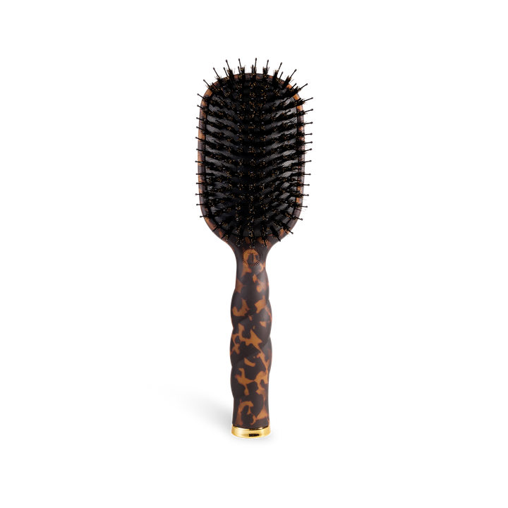 Rectangular boar bristle hair brush with black bristles, brown tortoiseshell-patterned handle, and gold accents. Sizes: S, M, L.