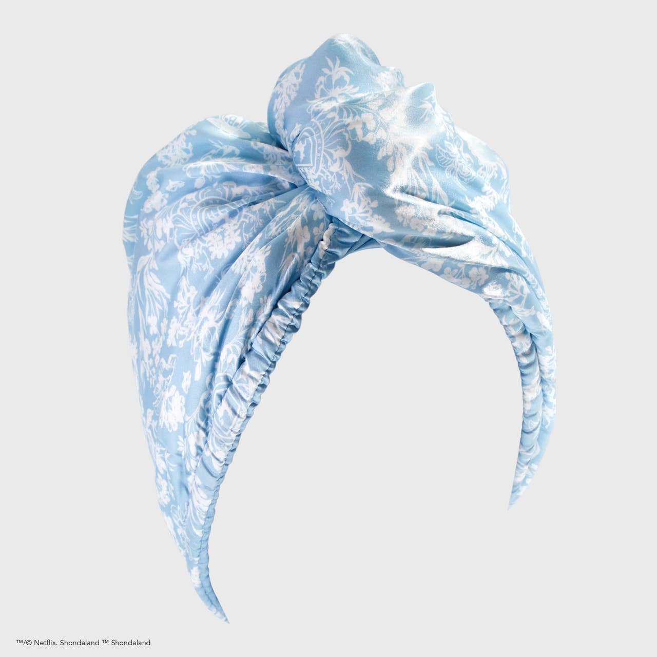 Kitsch x Bridgerton Satin Hair Towel in light blue floral satin; frizz-free, gentle, available in standard size.