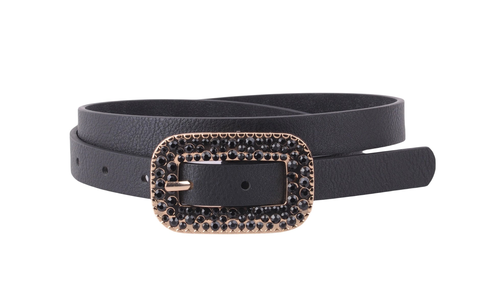 The Riviera Sparkle Skinny Belt features a rectangular buckle with black gemstones and a rose gold frame, complemented by a genuine leather loop. Available sizes: S, M, L.