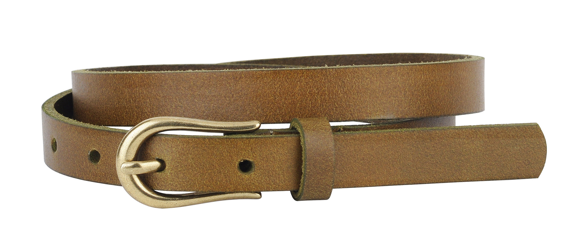 The Everyday Skinny Brass Buckle Leather Belt is genuine leather with a smooth texture and adjustable holes. It features a brass equestrian-style buckle with a slightly curved design for secure fastening. Available in sizes S, M, L, and XL.