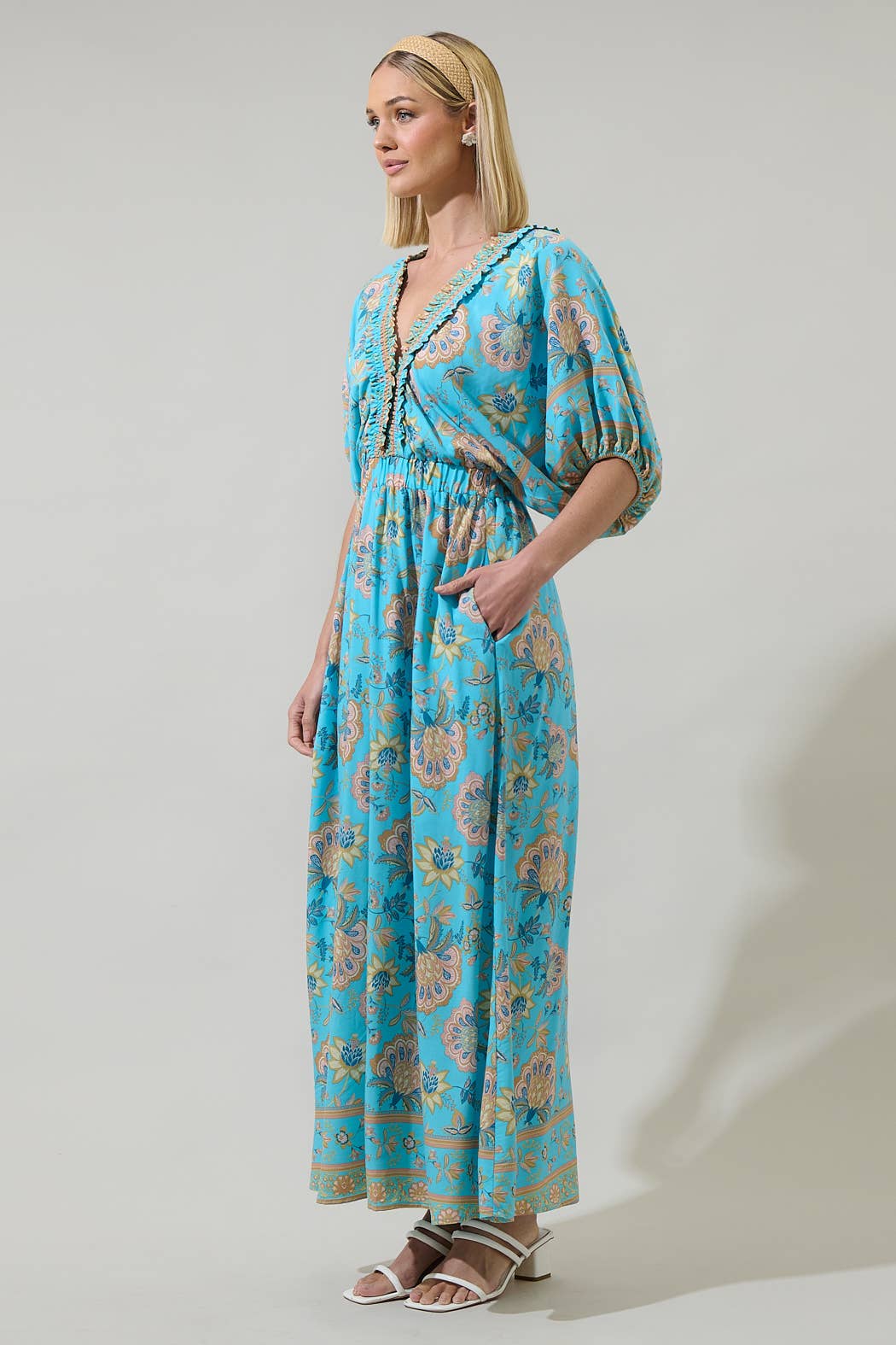 Raven Floral Hant V-Neck Midi Dress: blue floral, ruffled neckline, puff sleeves, side pockets. Sizes XS-XL.