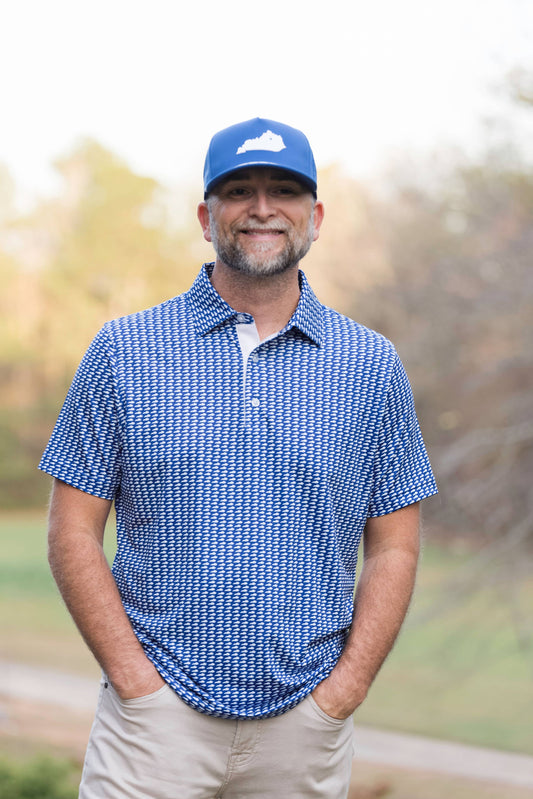 Lexington Blue and White State Performance Polo, available in sizes S-XXL.