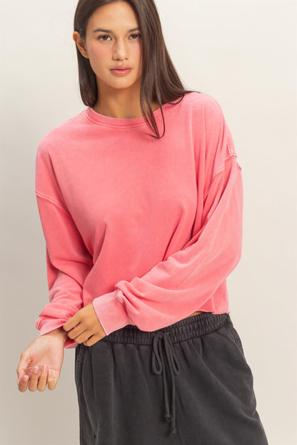 Cropped Mineral Wash Sweatshirt in pink. Available in sizes XS-XL.