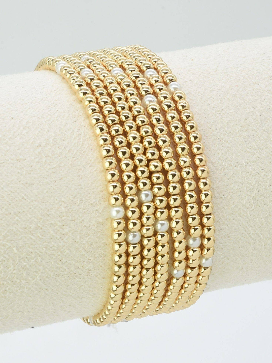 CB2238 7 Piece CCB Pearl Bracelet Set: Silver Cream; gold beaded bracelets with pearl accents. Available in multiple sizes.