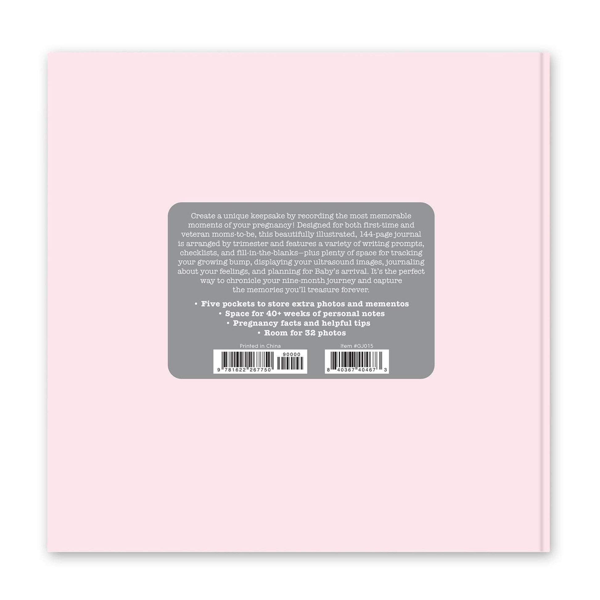 Back cover shows a gray box with white text describing note space, photo pockets, and room for 32 photos. Sizes not shown.