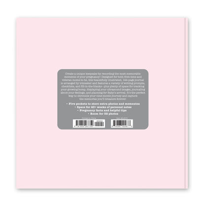 Back cover shows a gray box with white text describing note space, photo pockets, and room for 32 photos. Sizes not shown.
