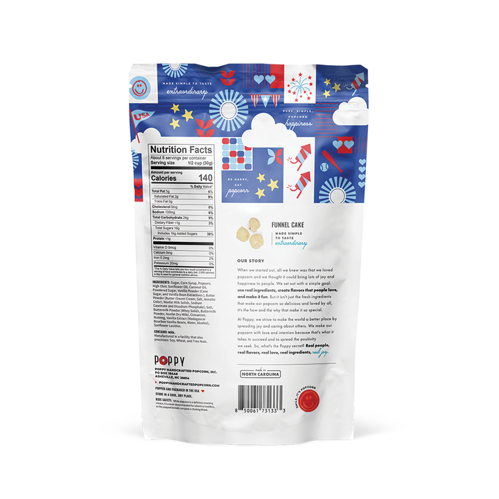 Back of Funnel Cake Popcorn bag with blue, white, and red top; nutrition info and story on white bottom. Size options not shown.