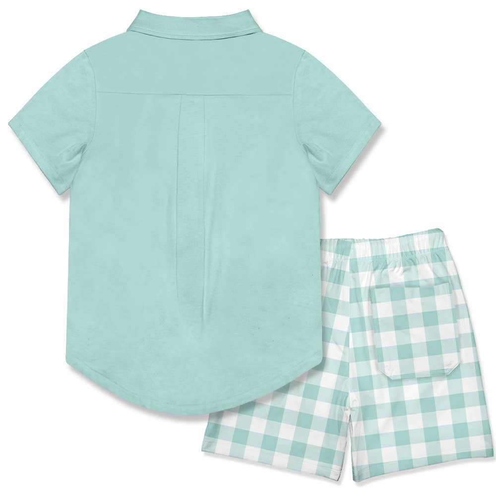 Mint Short-Sleeve Button-Up, back facing up, laid flat. Available in sizes XS–XL.