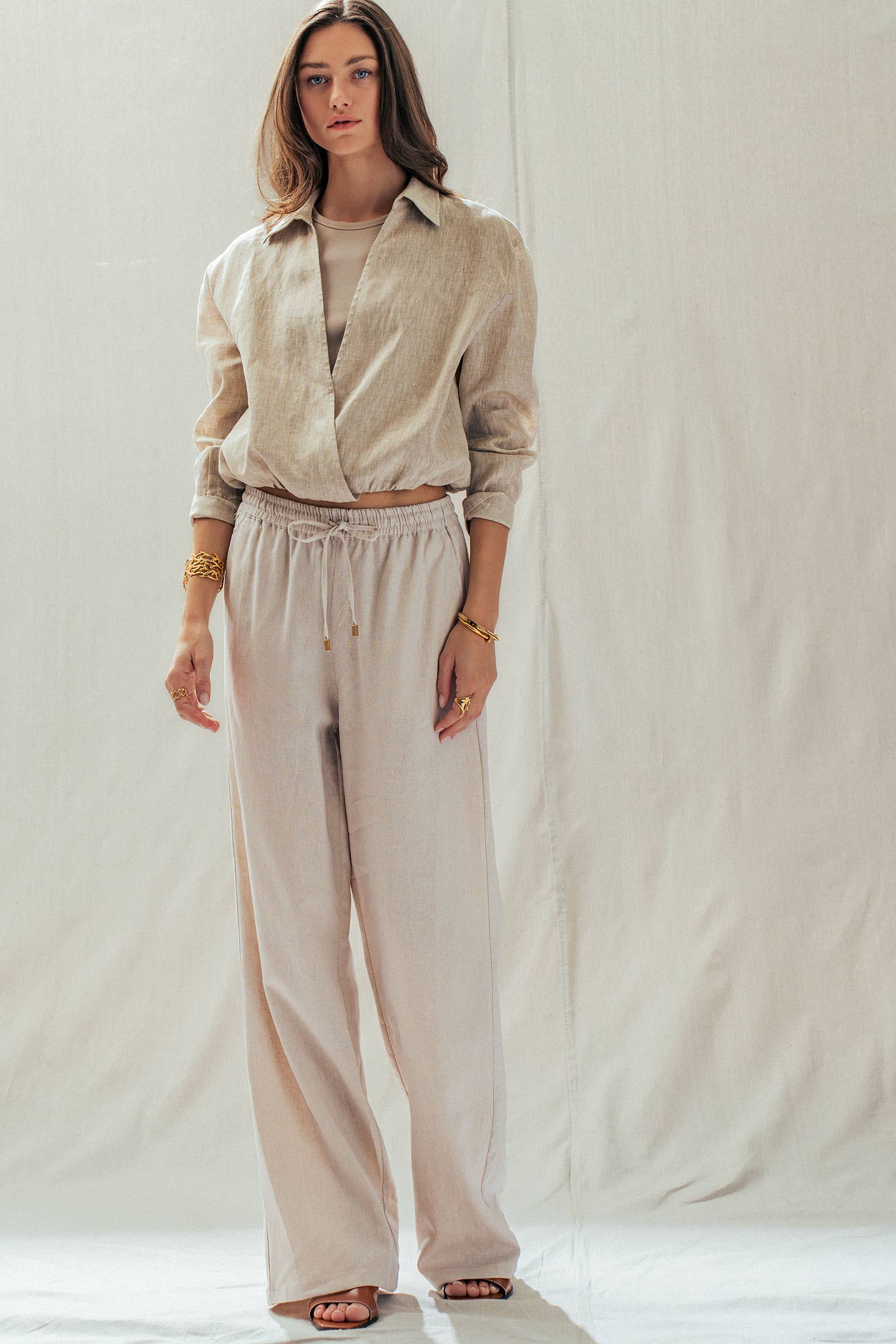 Natural Linen Blend Wide Leg Drawstring Pants in light beige; available in sizes XS–XL.
