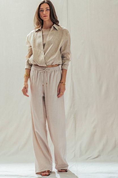 Mint Jelly Linen Blend Wide Leg Drawstring Pants in sizes XS-XL. Features relaxed fit, drawstring waist, and lightweight fabric.