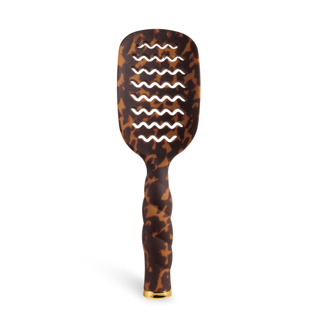 The Vented Hair Brush | Tortoise has a tortoiseshell-patterned, wave-shaped design, a quick-heating aluminum plate, and a gold cap at the handle’s base. Available in multiple sizes.