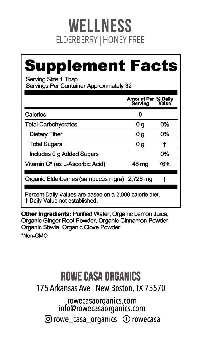 Supplement facts label for Rowe Casa Organics Elderberry Immune Support, 16 oz Regular size. Lists nutrients, ingredients, company contact info, and usage instructions. Highlights include elderberry tonic, honey, no added sugars, and non-GMO formula. Company address shown at the bottom.