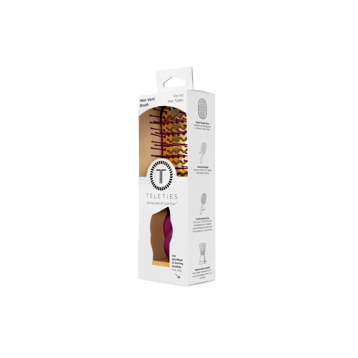 Mini Vented Hair Brush - Mulberry in a white box with clear window, compact size, purple and pink handle and bristles. Available in mini size. Product details on box side.