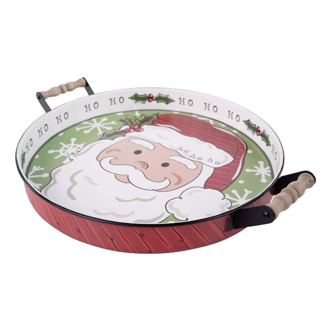 Classic Santa Ho Ho Ho Enamel Tray: DAMAGED sold as is; a round enamel holiday serving tray with Santa Claus illustration, “ho ho ho” rim text, and wooden-handled side grips.