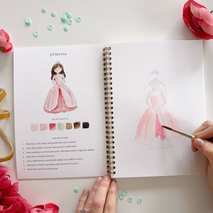 Open Fairytale watercolor workbook with painted and outlined princess pages. Available in 8x10 and 9x12 inch sizes.