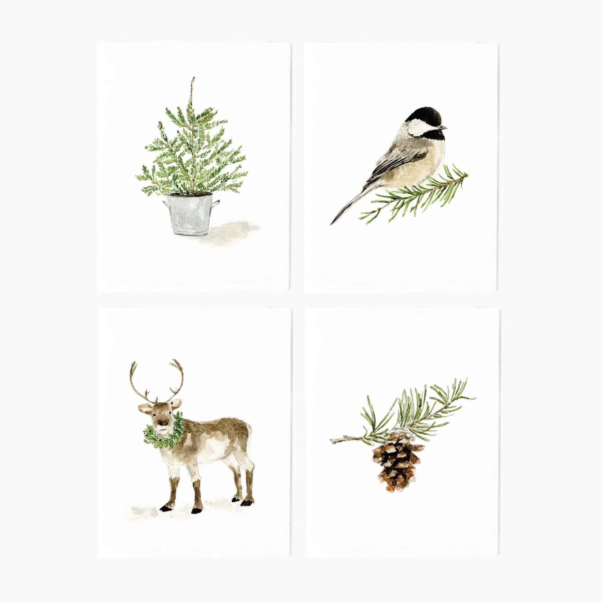 The Evergreen Christmas assorted notecard set includes four designs: a small pine tree in a metal bucket, a bird on a branch, a reindeer with a wreath, and a pinecone with pine needles. Available sizes: 4 x 6 inches and 5 x 7 inches.