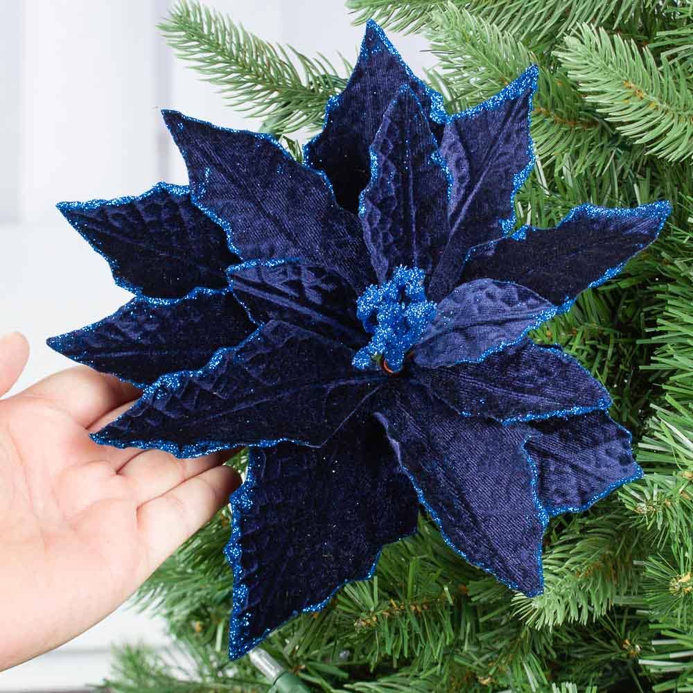 Large burgundy Artificial Velveteen Poinsettia flower with glittery edges, available in multiple sizes.