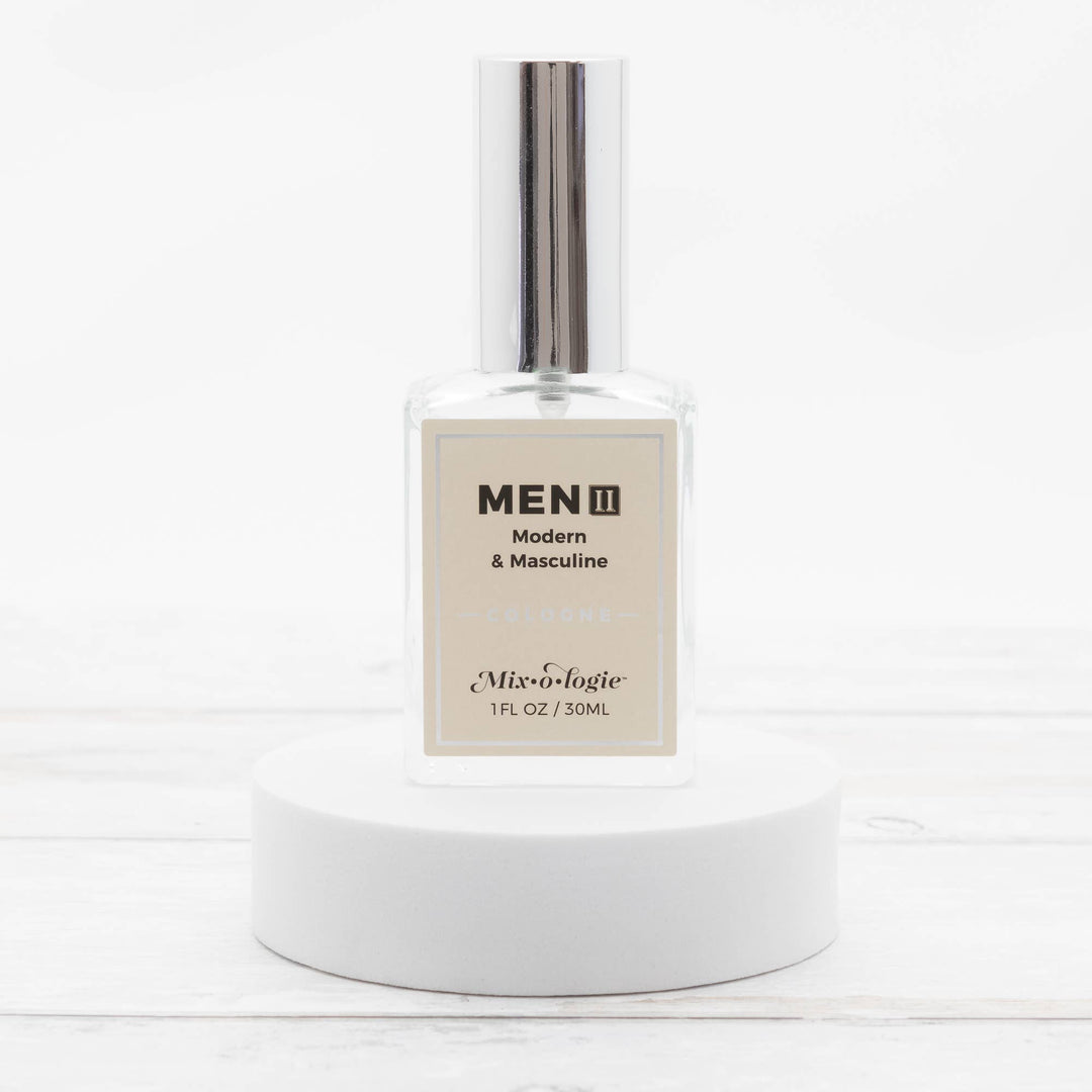 Men’s II (Modern &amp; Masculine) Cologne Spray in a clear glass 30 mL bottle with shiny silver cap. Available in 30 mL size.