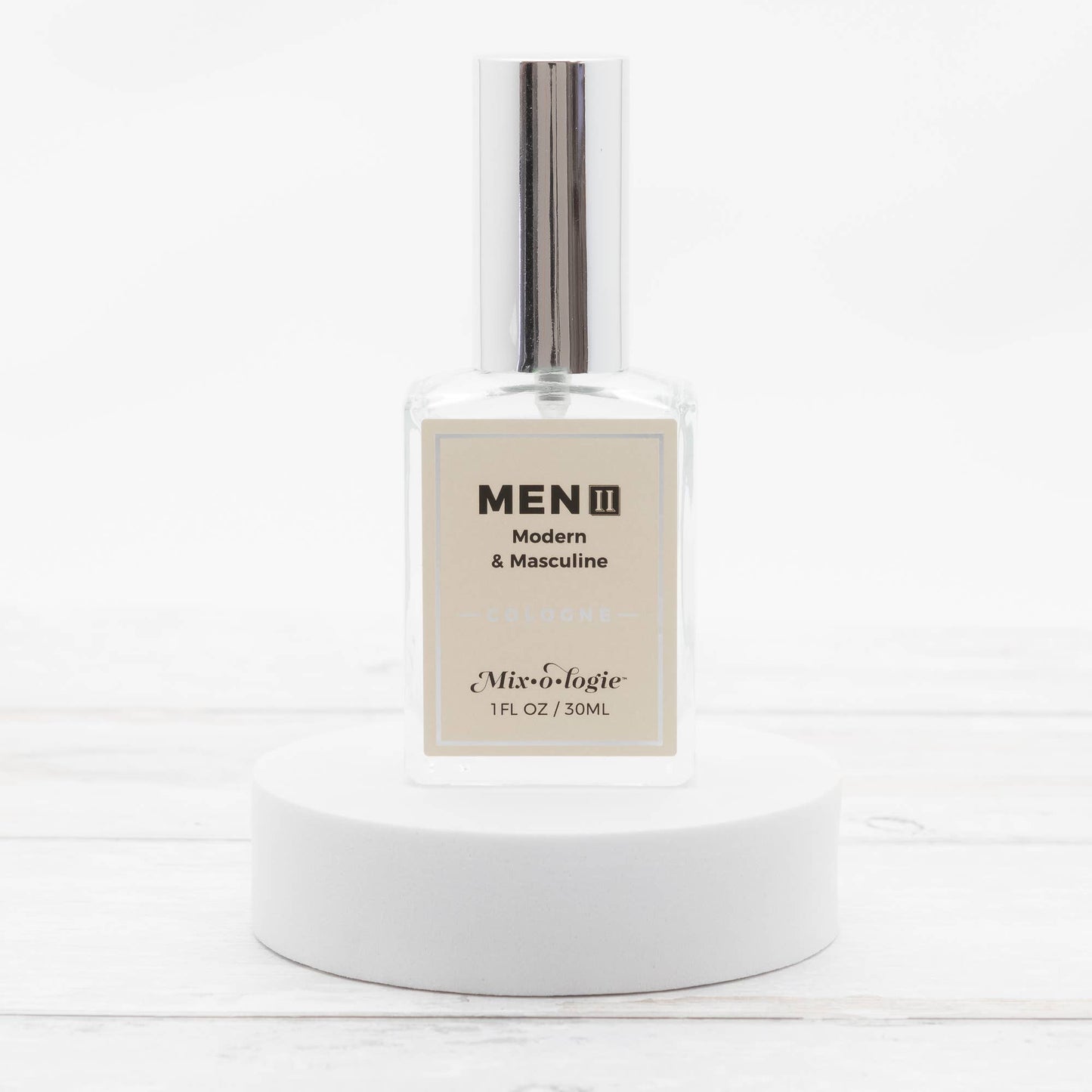Men’s II (Modern & Masculine) Cologne Spray in a clear glass 30 mL bottle with shiny silver cap. Available in 30 mL size.