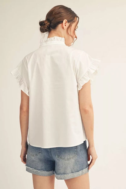 White Drop Shoulder Ruffle Top with relaxed fit, available in sizes XS-XL.