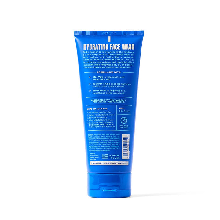 Blue Hydrating Face Wash bottle upright, back label visible; available in 100ml and 200ml sizes.